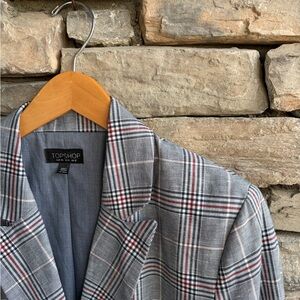 Topshop Plaid Double breast peplum blazer lightweight cotton gray size 8 medium